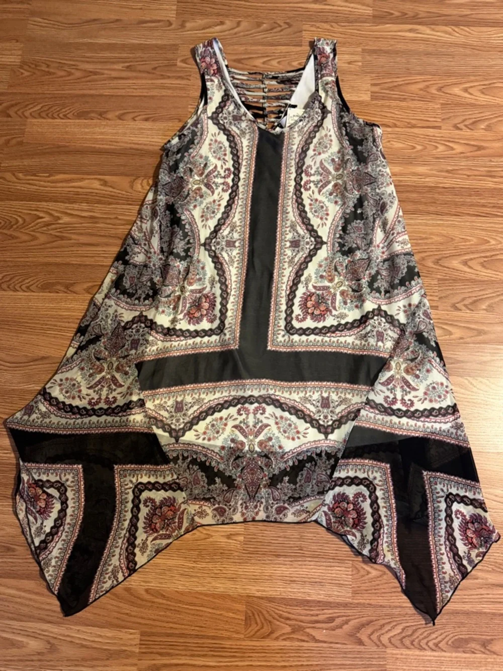 Asymmetrical Paisley Tank Dress in Cream and Brown - Picture 8 of 11